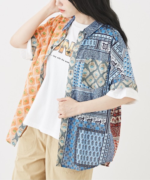 CUBE SUGAR（キューブシュガー）の「インドキャンブリック総柄ドルマンスリーブ半袖シャツ（シャツ/ブラウス・レディース・ブルー/ピンク/レッド/マルチ/チャコールグレー・M）」の5枚目の写真