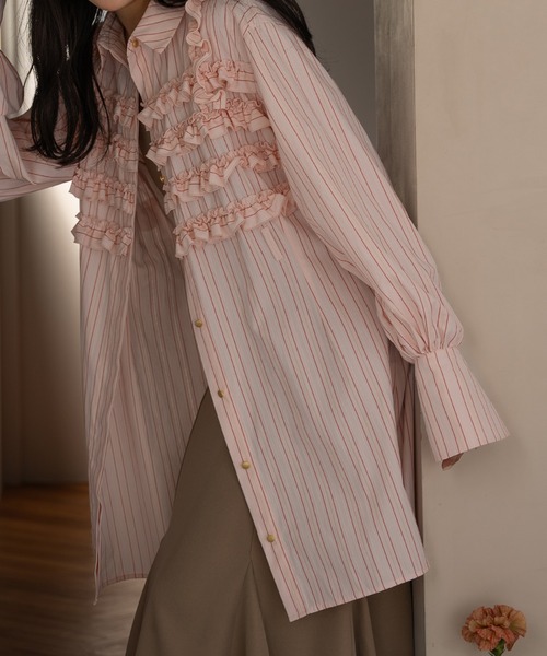 mideal(マイディール)の「frill stripe tunic shirt / フリルストライプチュニックシャツ(シャツ/ブラウス・レディース・ピンク/ネイビー・FREE)」の13枚目の写真