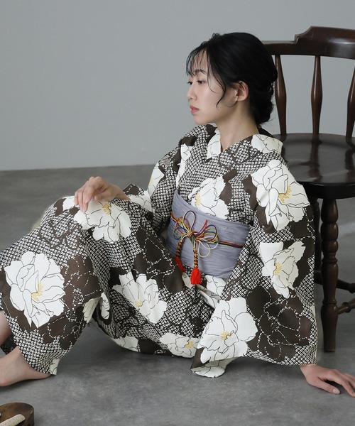 浴衣 大きめサイズ 浴衣 3L 牡丹 兵児帯 ボルドー 2点 新品 0617⑮