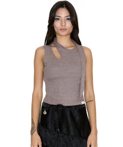 SETSETSET(セットセットセット)の「【SETSETSET】SLEEVELESS TIE NECK / 【セットセットセット】タイタンクトップ(タンクトップ・レディース・ブラウン/アイボリー・ONE SIZE)」の2枚目の写真