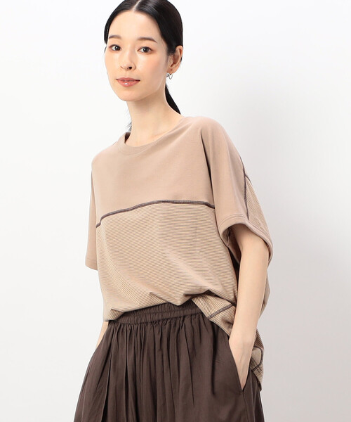 ONIGIRI(オニギリ)の「【 速乾 】前後2WAY ボーダープルオーバー/セットアップ対応(Tシャツ/カットソー・レディース・ネイビー/ブラウン/ベージュ・FREE)」の1枚目の写真