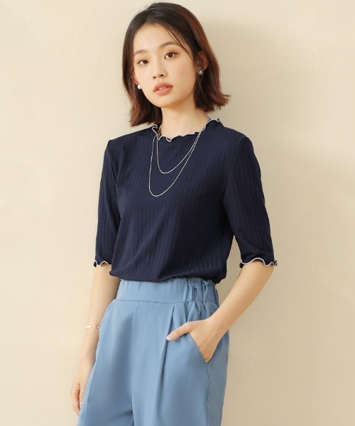 Doux Belle(ドゥーベル)の「五分袖リブニットトップス(Tシャツ/カットソー・レディース・ネイビー/イエロー/ブラック/グレー/ブルー/オフホワイト・MEDIUM/LARGE/X-LARGE)」の12枚目の写真