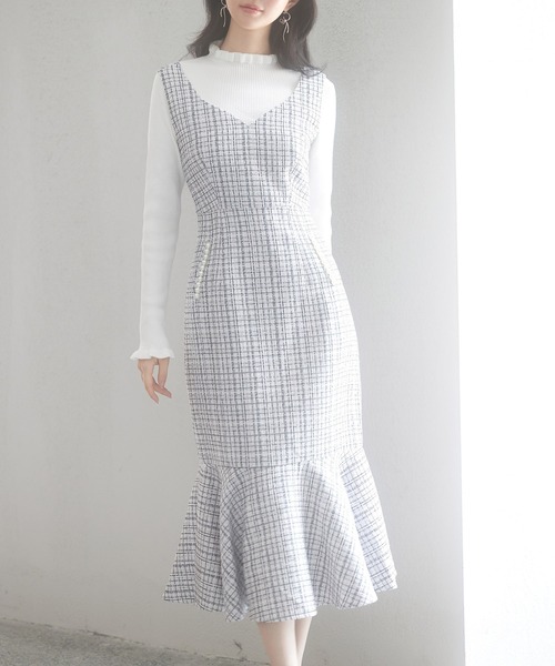 マーメイド裾キラキラツイードジャンパーススカート（ワンピース）｜SAISON DE PAPILLON（セゾンドパピヨン）