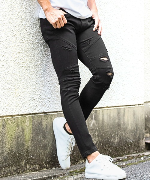 ソリットブラックデニムダメージパンツ（デニムパンツ）｜LUXSTYLE（ラグスタイル）