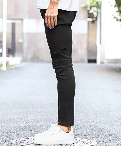 ソリットブラックデニムダメージパンツ（デニムパンツ）｜LUXSTYLE（ラグスタイル）