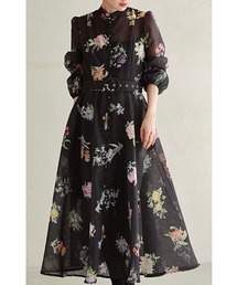 cawaii | （黒）ハリ感ベールの花集めミディアムワンピース（インナー・ベルト付き）(ワンピース)