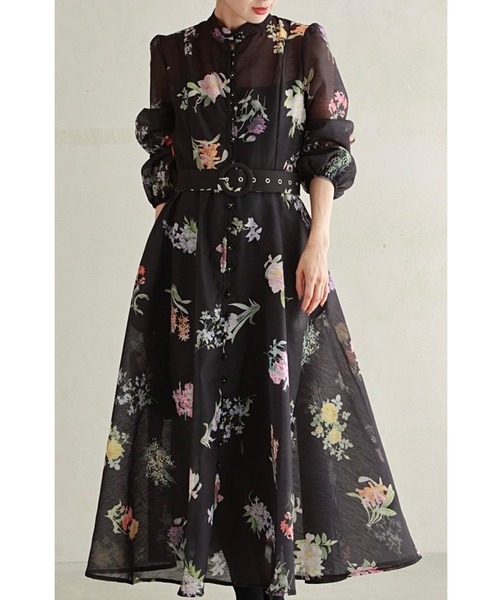 再入荷11月18日 （黒）ハリ感ベールの花集めミディアムワンピース（インナー・ベルト付き） ワンピース ベルト インナー レディース ファッション 秋 冬 着回し 花柄 cawaii w50457nc 日常使い 福袋 キレイめ 30代 40代 50代 黒）ハリ感ベールの花集めミディアムワンピース（インナー・ベルト付き