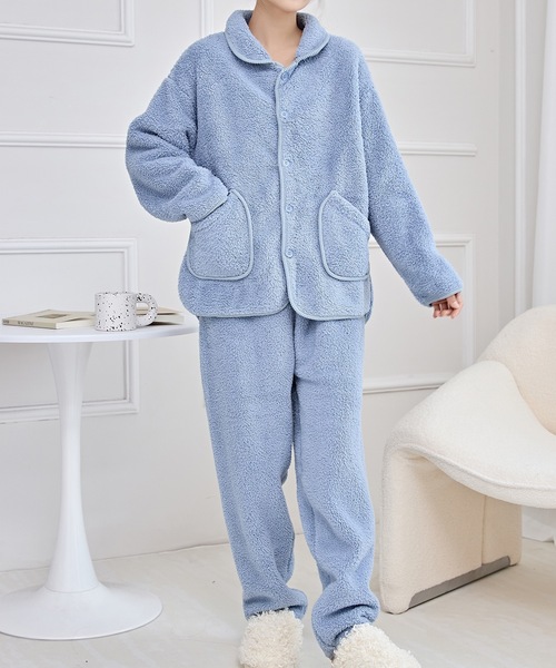 Lace Ladies（レースレディース）の「フロントボタン パイピング風 配色 ふわもこ ルームウエア（ルームウェア/パジャマ・レディース・アイボリー/ブルー・FREE）」の2枚目の写真