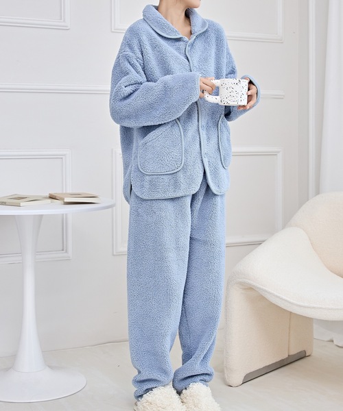 Lace Ladies（レースレディース）の「フロントボタン パイピング風 配色 ふわもこ ルームウエア（ルームウェア/パジャマ・レディース・アイボリー/ブルー・FREE）」の7枚目の写真