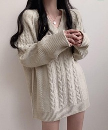 Nia(ニア)/ケーブル編み Vネックミニニットワンピース 《今季注目のブラウンが新登場》