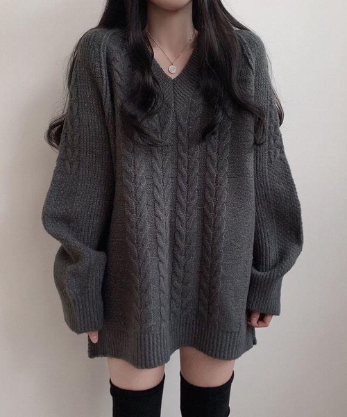 Nia(ニア)/ケーブル編み Vネックミニニットワンピース 《今季注目の