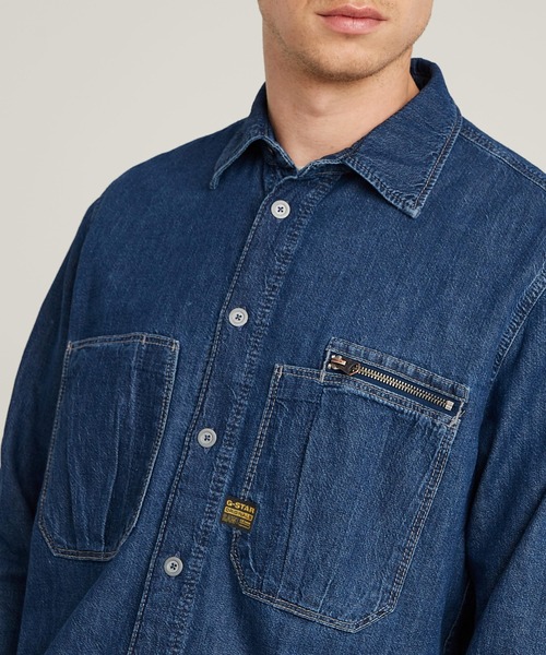 G-STAR(ジースター)の「PLEATED ZIP REGULAR SHIRT/ジップディテールレギュラーデニムシャツ(シャツ/ブラウス・メンズ・ダークインディゴブルー・MEDIUM/SMALL/X-SMALL/LARGE)」の4枚目の写真