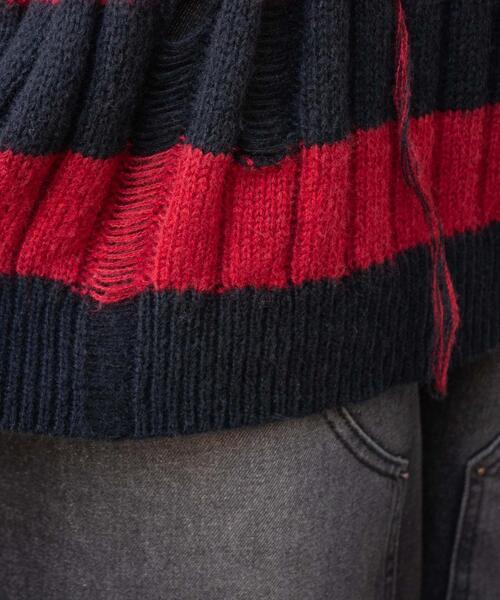 cvtvlist ダメージ加工ニットセーター 黒 赤グラフィック セール】Distressed border crew knit / ダメージ加工ボーダー