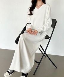 ロング・マキシ選べる2丈 ゆるニットワンピース Vネック ワンピース ニットワンピース 長袖 ニット ロングワンピース マキシワンピース 秋服 冬服