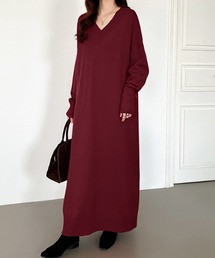 ロング・マキシ選べる2丈 ゆるニットワンピース Vネック ワンピース ニットワンピース 長袖 ニット ロングワンピース マキシワンピース 秋服 冬服