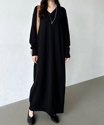 ロング・マキシ選べる2丈 ゆるニットワンピース Vネック ワンピース ニットワンピース 長袖 ニット ロングワンピース マキシワンピース 秋服 冬服