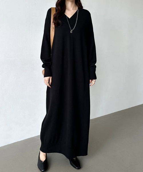 セール】ロング・マキシ選べる2丈 ゆるニットワンピース Vネック