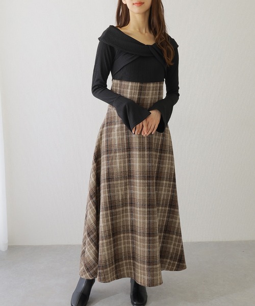 Lace Ladies(レースレディース)の「ツイスト カラー チェック柄 ドッキング ワンピース(ワンピース・レディース・ブラウン/ブラック/グレー・S/FREE)」の4枚目の写真