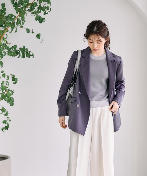 12Twelve Agenda（トゥエルブ　アジェンダ）の「グロッシーゆるテーラードジャケット（テーラードジャケット・レディース・ベージュ/チャコールグレー・M）」の2枚目の写真