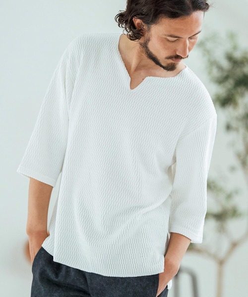 Magine（マージン）の「mlt5148-Honeycomb Fabric 3-4 Sleeve Pullover 7分袖プルオーバー（その他トップス・メンズ・ブラック/ホワイト/チャコール・44/46/48）」の2枚目の写真