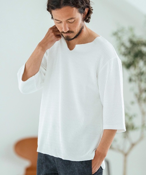 Magine（マージン）の「mlt5148-Honeycomb Fabric 3-4 Sleeve Pullover 7分袖プルオーバー（その他トップス・メンズ・ブラック/ホワイト/チャコール・44/46/48）」の8枚目の写真