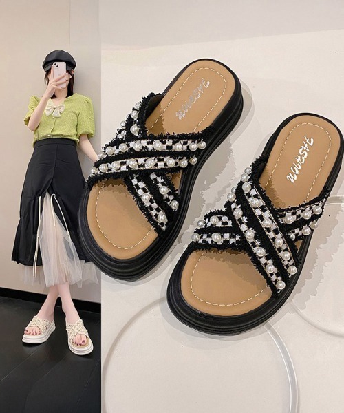 Miniministore(ミニミニストア)の「厚底サンダルパール付クロスサンダル韓国風(サンダル・レディース・アイボリー/ブラック・24.5cm/23.0cm/22.5cm/23.5cm/24.0cm)」の13枚目の写真