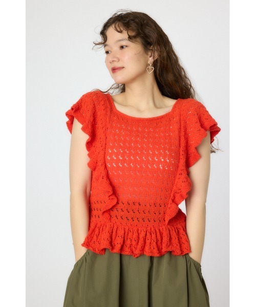 RODEO CROWNS WIDE BOWL(ロデオクラウンズワイドボウル)の「2WAYフリルクロシェニットトップス(ニット/セーター・レディース・ホワイト/クリアレッド/マルチ・FREE)」の4枚目の写真