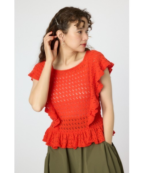 RODEO CROWNS WIDE BOWL(ロデオクラウンズワイドボウル)の「2WAYフリルクロシェニットトップス(ニット/セーター・レディース・ホワイト/クリアレッド/マルチ・FREE)」の5枚目の写真