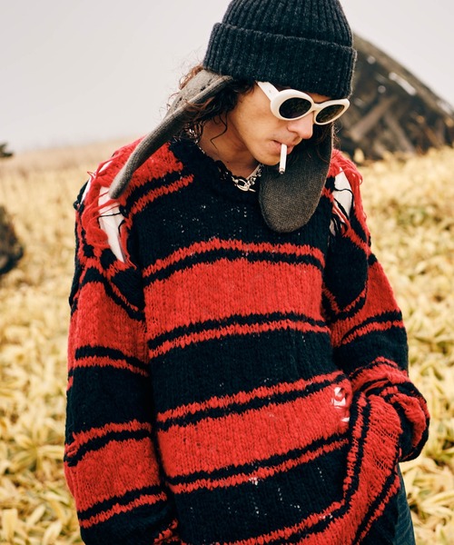 glamb(グラム)の「Damage Pullover Knit / ダメージプルオーバーニット(ニット/セーター・メンズ・ブラック/カーキ/レッド・S/M/L)」の17枚目の写真