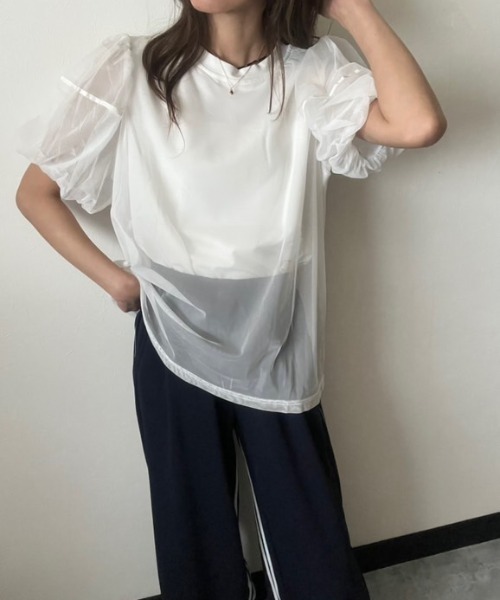 deux amour(ドゥーザムール)の「袖チュールトップス(Tシャツ/カットソー・レディース・ホワイト/ブラック・M~L)」の7枚目の写真