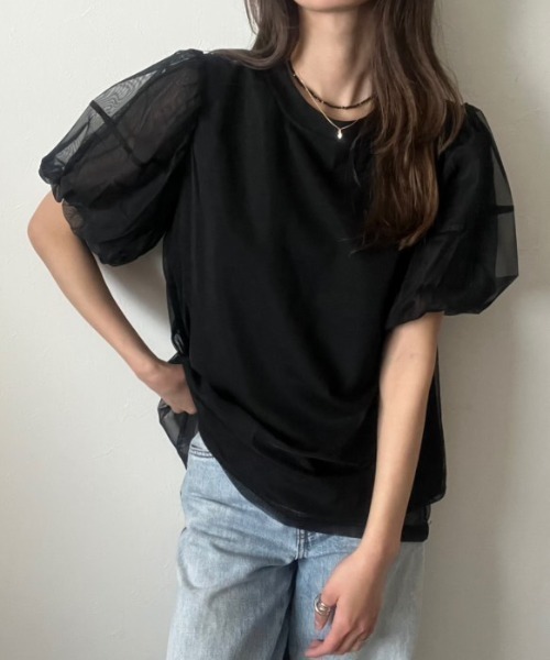 deux amour(ドゥーザムール)の「袖チュールトップス(Tシャツ/カットソー・レディース・ホワイト/ブラック・M~L)」の6枚目の写真