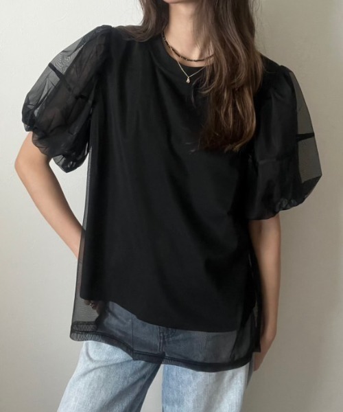 deux amour(ドゥーザムール)の「袖チュールトップス(Tシャツ/カットソー・レディース・ホワイト/ブラック・M~L)」の4枚目の写真