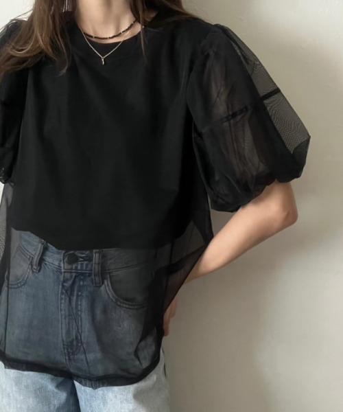 deux amour(ドゥーザムール)の「袖チュールトップス(Tシャツ/カットソー・レディース・ホワイト/ブラック・M~L)」の3枚目の写真