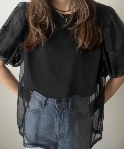 deux amour(ドゥーザムール)の「袖チュールトップス(Tシャツ/カットソー・レディース・ホワイト/ブラック・M~L)」の12枚目の写真