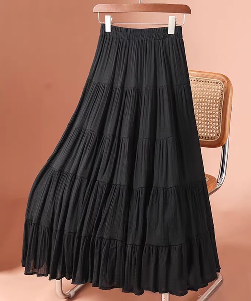 aimoha（アイモハ）の「ティアードギャザーロングスカート（スカート・レディース・ブラック/ライトベージュ/ピンク/ホワイト/ベージュ・FREE）」の3枚目の写真