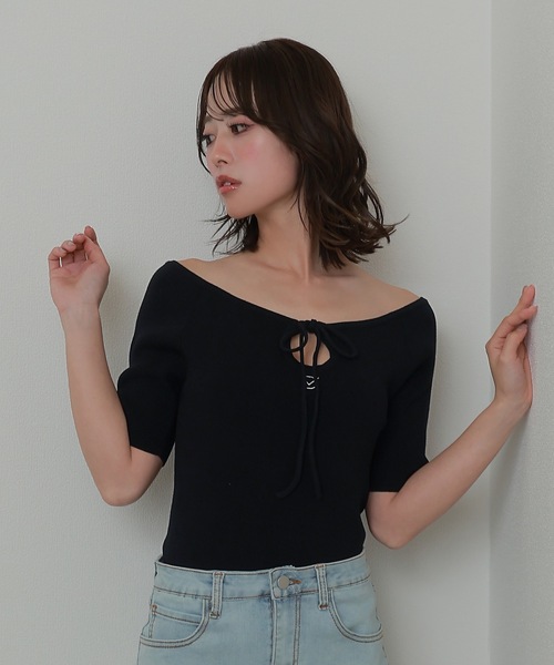 ニット セーター *M DOLLY original* front drop hall ribbon tops/フロントドロップホールリボントップス M DOLLY original* front drop hall ribbon tops/フロント