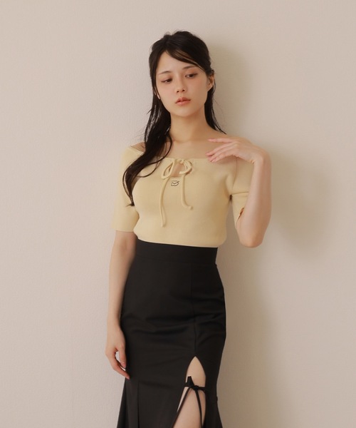 ニット セーター *M DOLLY original* front drop hall ribbon tops/フロントドロップホールリボントップス M DOLLY original* front drop hall ribbon tops/フロント
