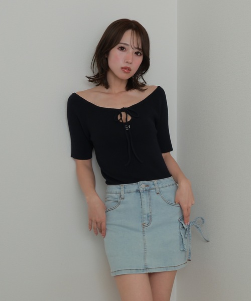 ニット セーター *M DOLLY original* front drop hall ribbon tops/フロントドロップホールリボントップス M DOLLY original* front drop hall ribbon tops/フロント