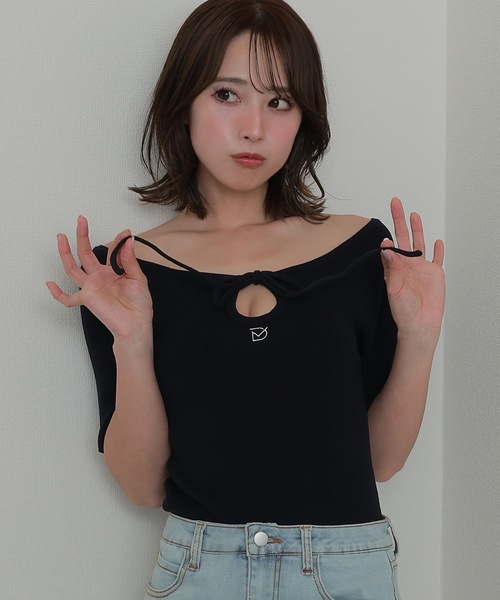 ニット セーター *M DOLLY original* front drop hall ribbon tops/フロントドロップホールリボントップス M DOLLY original* front drop hall ribbon tops/フロント