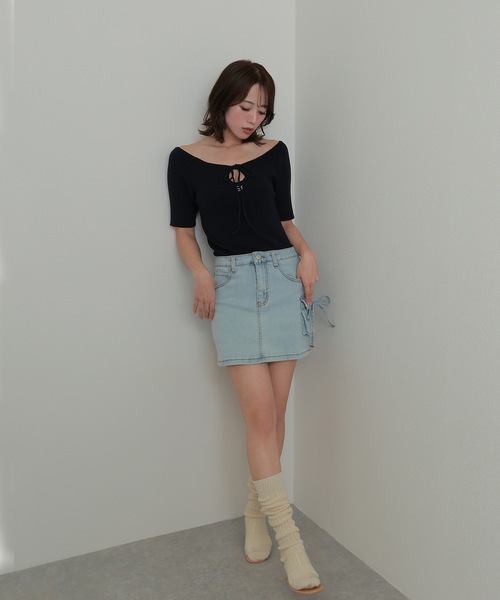 M DOLLY(エムドリー)の「*M DOLLY original* front drop hall ribbon tops/フロントドロップホールリボントップス(ニット/セーター・レディース・アイボリー/ブラック/モカ・FREE)」の13枚目の写真