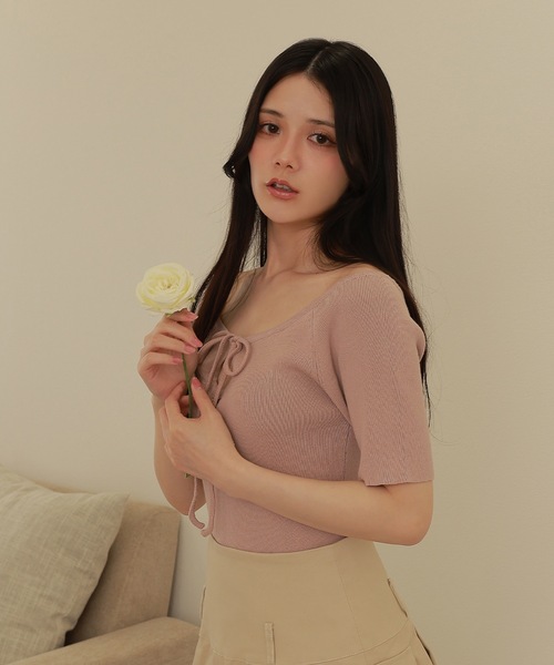 ニット セーター *M DOLLY original* front drop hall ribbon tops/フロントドロップホールリボントップス M DOLLY original* front drop hall ribbon tops/フロント