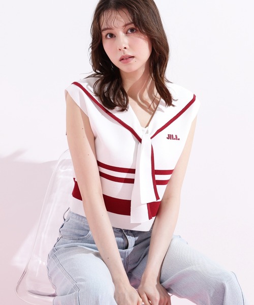 JILL by JILL STUART(ジルバイジルスチュアート)の「◇ビッグカラー配色ニット(ニット/セーター・レディース・ホワイト/レッド系その他/ブルー系その他・FREE)」の1枚目の写真