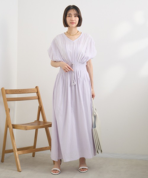 KATHARINE ROSS アイボリー 刺繍入り 五分袖チュニック新品 セール】【KATHARINE ROSS】刺繍シャーリングワンピース