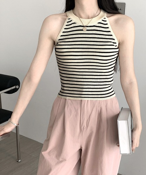 セール】ホルターネックボーダーニットタンクトップ（タンク
