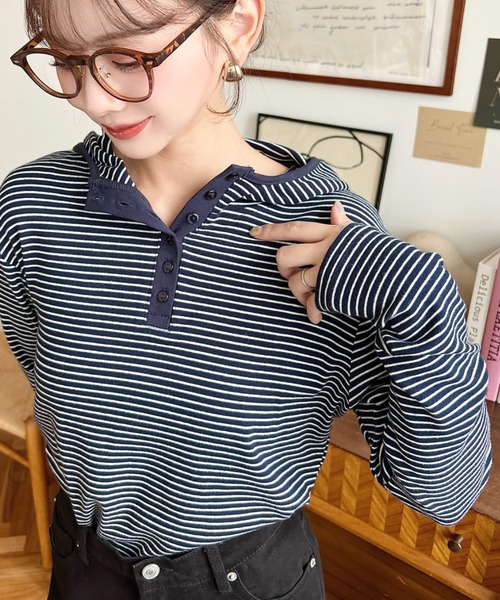 moment+(モーメントプラス)の「ヘンリーネックボーダーフーディー(Tシャツ/カットソー・レディース・オートミール/ネイビー/ブラック/チャコールグレー/オフホワイト・M)」の5枚目の写真