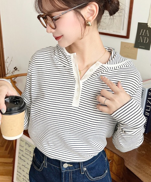 セール】ヘンリーネックボーダーフーディー（Tシャツ/カットソー