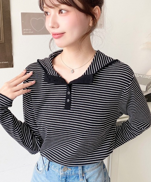 moment+(モーメントプラス)の「ヘンリーネックボーダーフーディー(Tシャツ/カットソー・レディース・オートミール/ネイビー/ブラック/チャコールグレー/オフホワイト・M)」の3枚目の写真