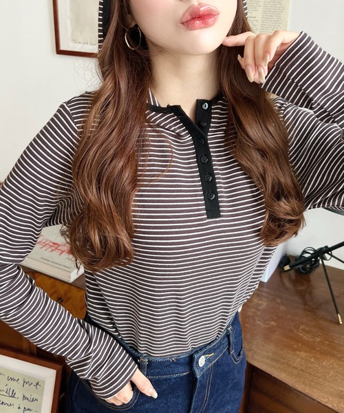 moment+(モーメントプラス)の「ヘンリーネックボーダーフーディー(Tシャツ/カットソー・レディース・オートミール/ネイビー/ブラック/チャコールグレー/オフホワイト・M)」の6枚目の写真