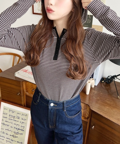 moment+(モーメントプラス)の「ヘンリーネックボーダーフーディー(Tシャツ/カットソー・レディース・オートミール/ネイビー/ブラック/チャコールグレー/オフホワイト・M)」の11枚目の写真