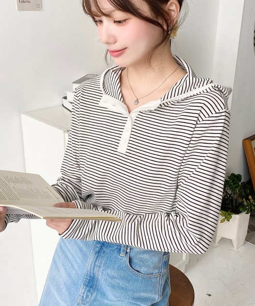 moment+(モーメントプラス)の「ヘンリーネックボーダーフーディー(Tシャツ/カットソー・レディース・オートミール/ネイビー/ブラック/チャコールグレー/オフホワイト・M)」の13枚目の写真